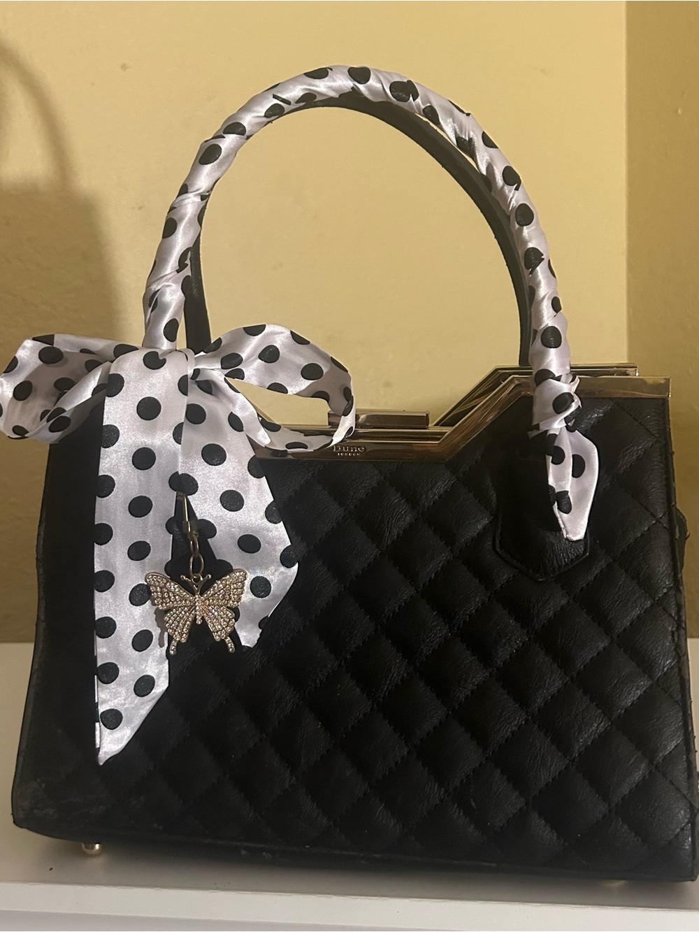 2 Twilly Satin Women Handbag Headband Scarf White Black Polka Dots